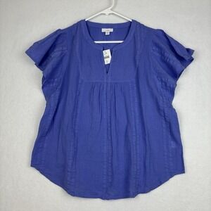 J. Jill Women's Peasant Gauze Flutter Sleeve Textured Top Blue Small Petite‎ NWT